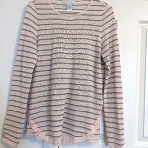 Pink with grey stripes, button sleeve sweater